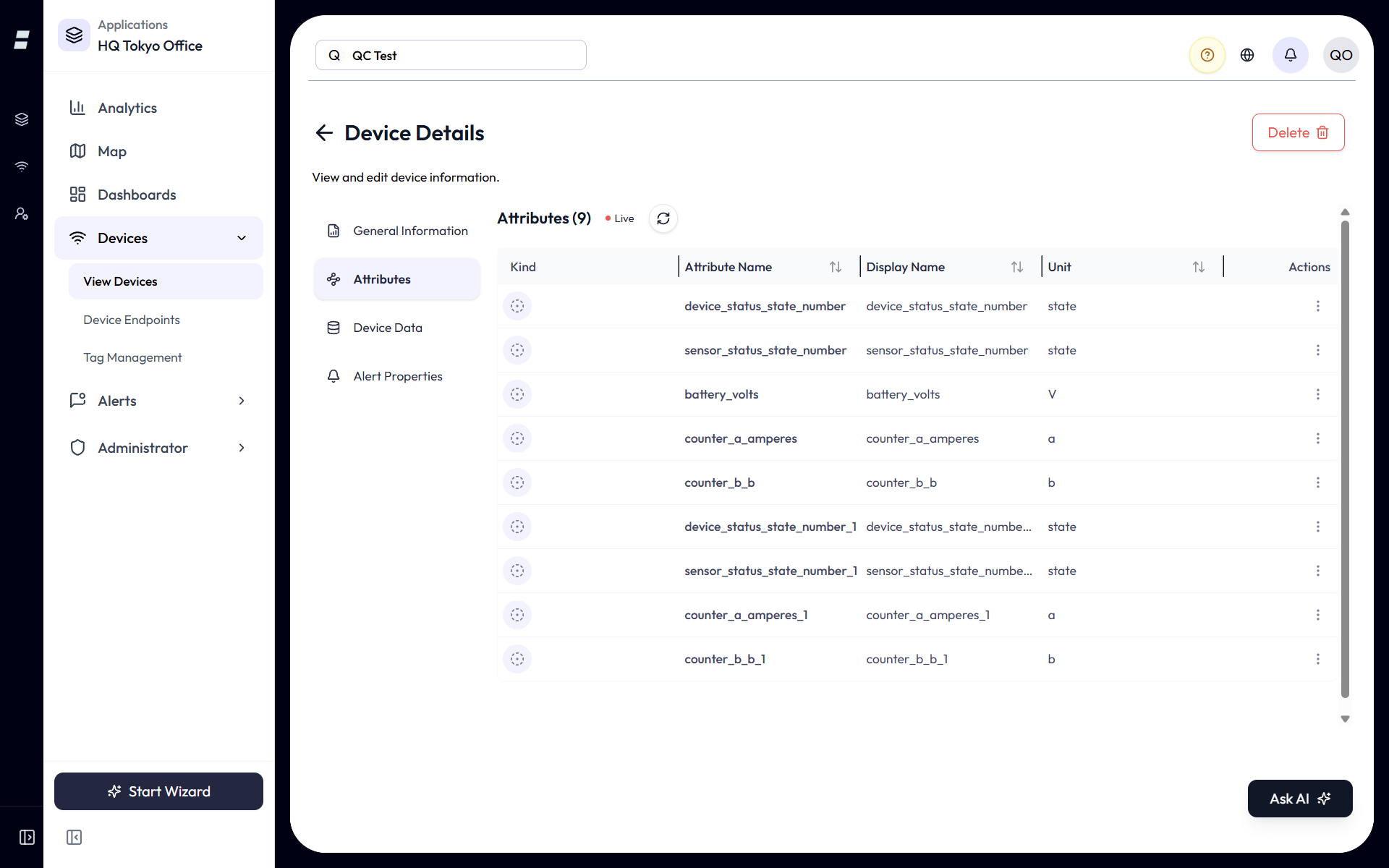 Device detail Attributes tab for an IMBuildings IMB-PC-LW-V6 LoRaWAN people counter. Auto-detected rows include counter_a and counter_b as integer counts for the current interval, total_counter_a and total_counter_b as cumulative integer counts, battery_voltage in volts, and the device_status and sensor_status bitfields as integers.