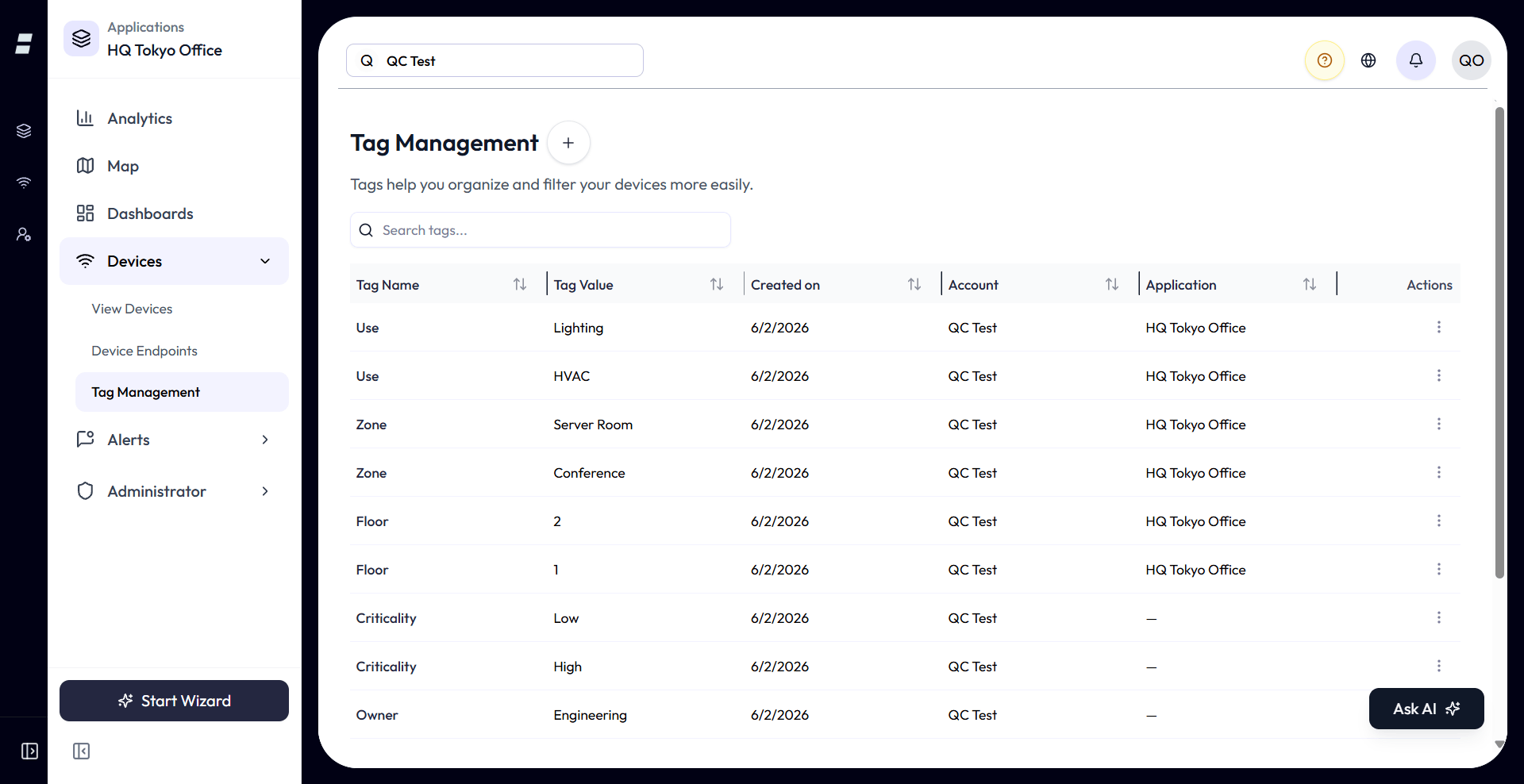 Tag Management list shown as a table. Columns are Tag Name, Tag Value, Created on, Account, and Application. A search box sits above the table, a Create Tag button is in the header, and each row has an actions menu with Edit and Delete.