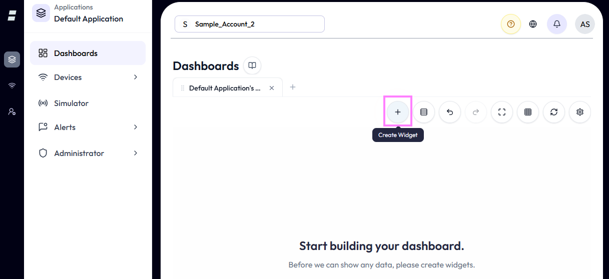 A dashboard toolbar with the Create Widget plus button highlighted, showing a 'Create Widget' tooltip, on an empty 'Start building your dashboard' dashboard.