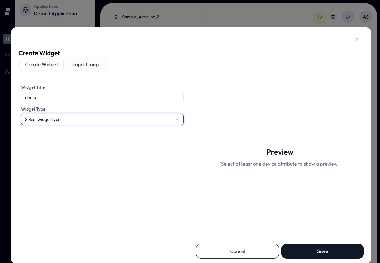 Create Widget dialog with a locked Dashboard field, Widget Title set to demo, an optional Description field, a Widget Type menu, and a Preview panel.