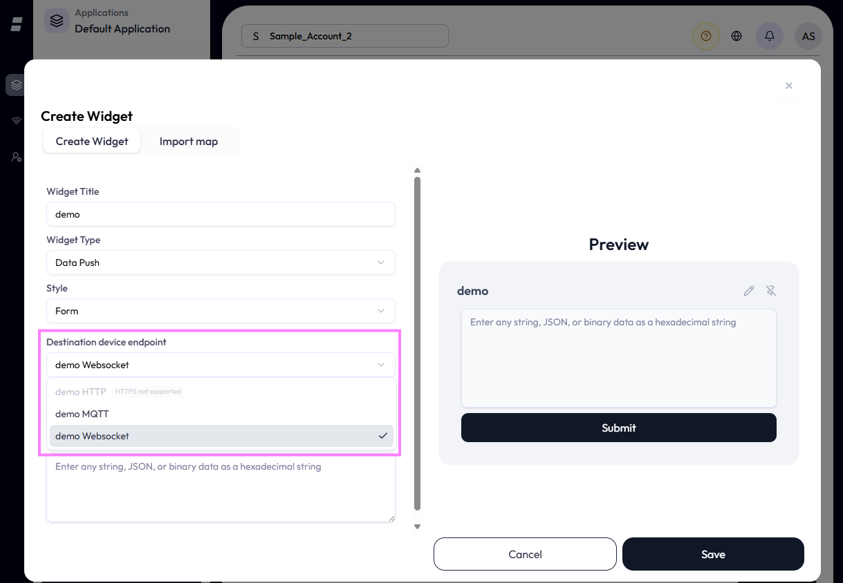 Destination device endpoint menu with demo HTTP marked HTTPS not supported and disabled, demo MQTT available, and demo Websocket selected.