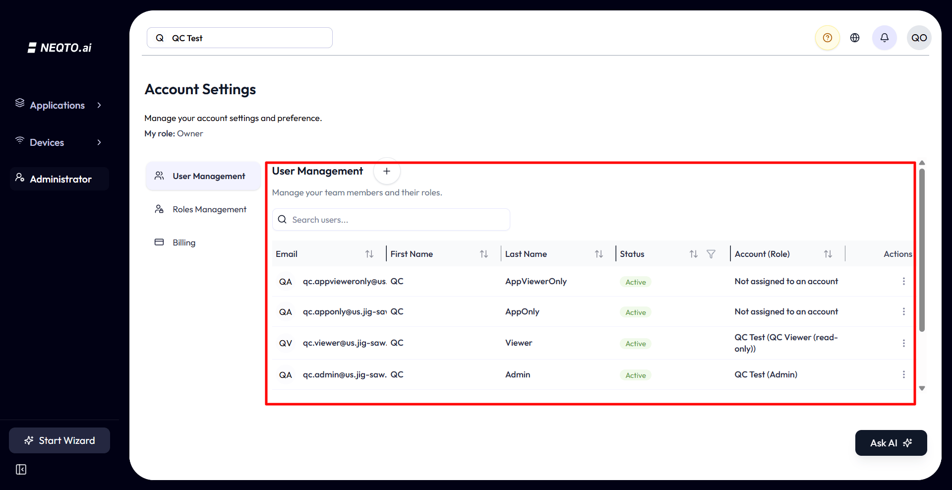 User Management table. Columns are Email (with an avatar), First Name, Last Name, Status, and a combined Account (Role) column. A search box sits above the table with a Clear button, and each non-Owner row has an actions menu offering Edit and Delete.