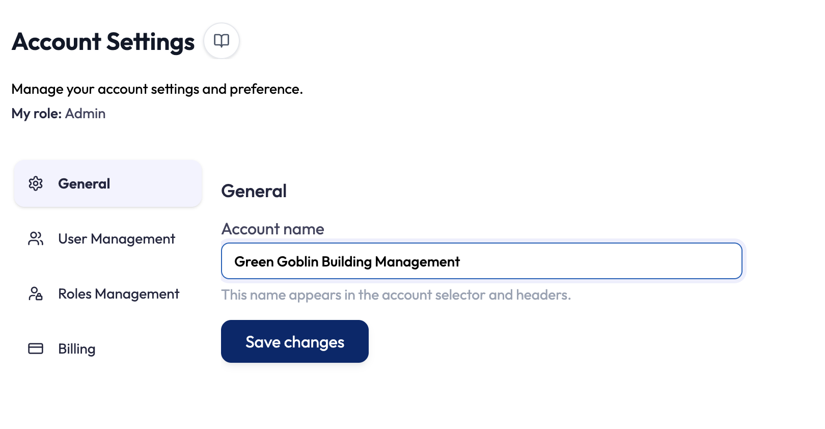 Account Settings General tab with an Account name text field, helper text reading This name appears in the account selector and headers, and a Save changes button. The field is disabled for users without the edit-settings permission.