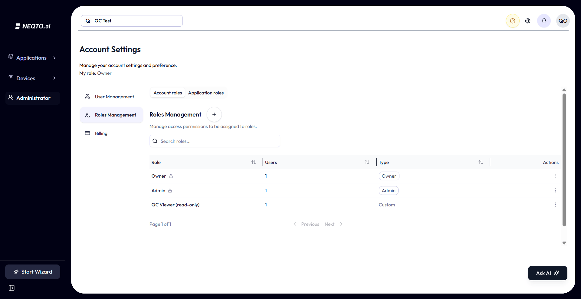 Roles Management table with Account roles and Application roles sub-tabs. Columns: Role name with a small lock icon next to system roles, Users count, Type showing an Owner badge, an Admin badge, or the word Custom, and an Actions menu. The Owner row has Edit, Duplicate, and Delete all disabled. The Admin row has Edit enabled only for the Owner, Duplicate allowed, and Delete disabled. Custom rows allow Edit, Duplicate, and Delete.