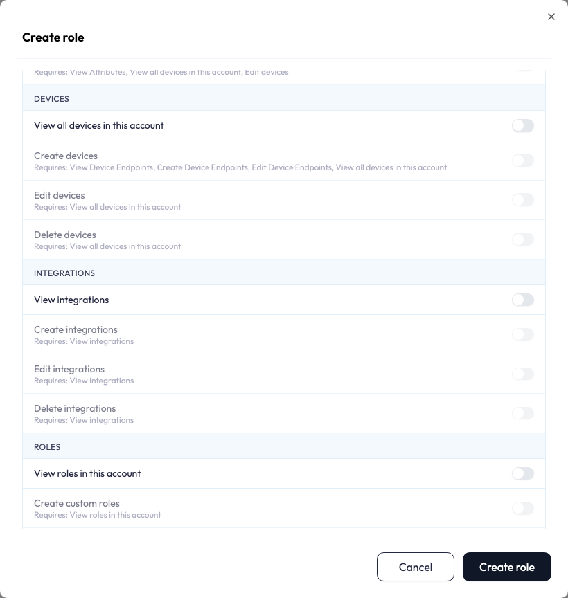 Edit Role permission editor. A Select all toggle at the top, then permissions grouped under feature headings such as Users and Roles. Each row is a human-readable action label such as Invite users to this account with an on/off toggle. A locked toggle is dimmed and its tooltip reads Requires: followed by the plain-language names of the permissions that must be granted first.