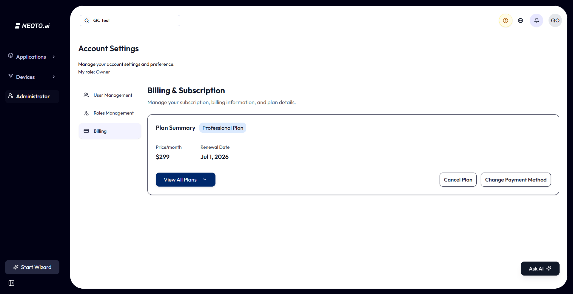 Billing and Subscription page. A Plan Summary card shows the plan name as a colored badge, the price per month or year, and either a renewal date or, for trials, a days-left countdown. Buttons let the user view all plans, change the plan, change the payment method, or cancel.