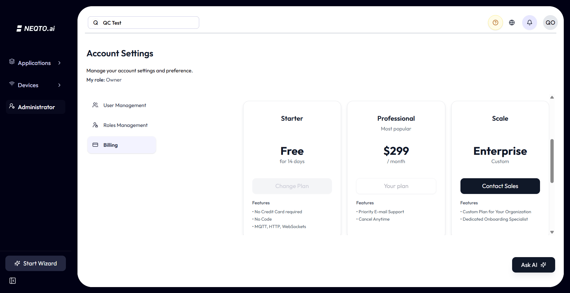 Expanded pricing table with three columns, Starter, Professional, and Scale, and feature rows for Max Users, Devices, Device Endpoints, Dashboards/Widgets, and Data Retention. The current plan's button reads Your plan; others read Change Plan; the top tier offers Contact Sales.