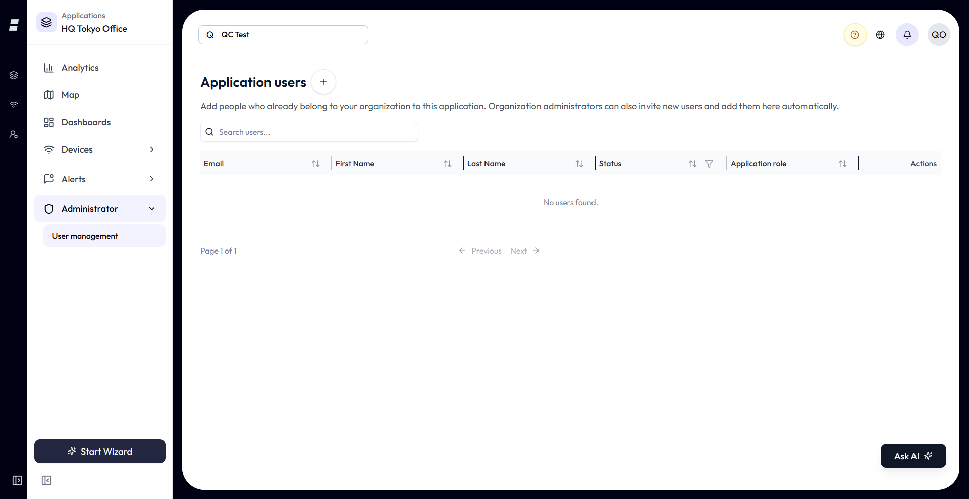 Application Administrator, Application users screen. A member list table with Email, name, Status, and an Application role column showing each member's per-application role. A search box and an add-member button sit above. Row actions allow editing a member's application role and removing them from the application.