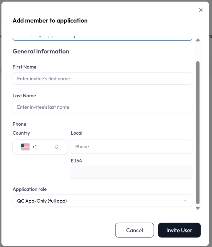Add member to application dialog titled Add member to application. An Email field at the top resolves the address as you type: if it is already registered, a hint invites you to set their application role; if it is new and you are allowed to invite, First Name, Last Name, and Phone fields appear. An Application role select sits at the bottom, defaulting to Operator.