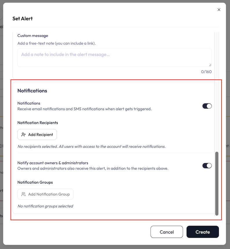 Set Alert dialog Notifications section. A single Notifications toggle controls delivery. When it is on, a Notification Recipients list appears (account or application users plus external contacts shown as chips) added via an Add Recipient menu offering Add User and Add External, a Notify account owners and administrators toggle that is on by default, and a Notification Groups picker with an Add Notification Group button.