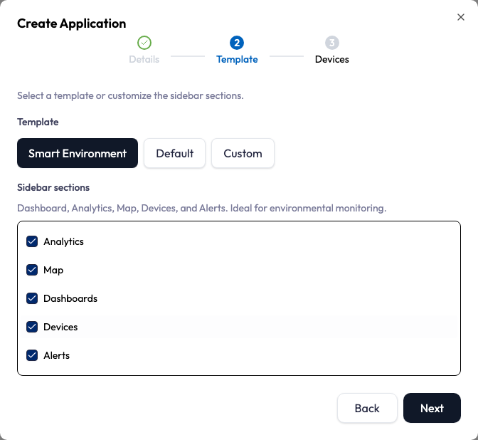 Create Application wizard step two, titled Template. Three template choices shown in a row: Smart Environment (selected), Default, and Custom. Below them a 'Sidebar sections' panel with checkboxes for Analytics, Map, Dashboards, Devices, and Alerts, all checked for the pre-selected Smart Environment template. Changing a checkbox switches the template to Custom.