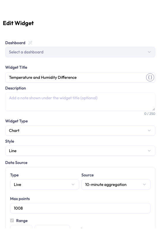 The Widget Editor modal opened from the chat for the calculated widget, pre-filled with the AI-suggested title (Temperature and Humidity Difference), widget type (Chart), style (Line), and data source. You choose a dashboard and save.