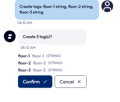 An Ask AI reply to 'Create tags: floor-1, floor-2, floor-3'. The bot shows a card headed 'Create 3 tag(s)?' listing each proposed tag (floor-1, floor-2, floor-3, all string type), with Confirm and Cancel buttons below. Nothing is created until Confirm is clicked.