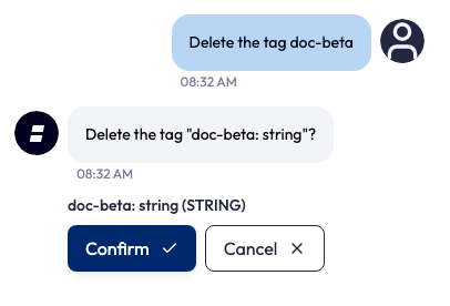 An Ask AI reply to 'Delete the tag doc-beta'. The card is headed 'Delete the tag doc-beta?' and names the tag 'doc-beta: string' that will be removed, with Confirm and Cancel buttons.