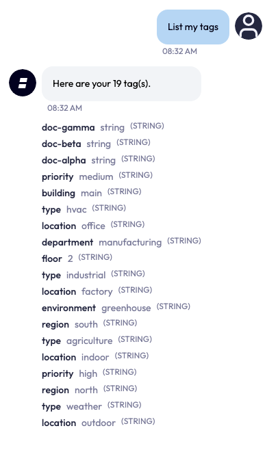 An Ask AI reply to 'List my tags' reading 'Here are your 19 tag(s).' followed by a plain list of tags with their name, value, and STRING type. There is no Confirm or Cancel button because listing does not change anything.