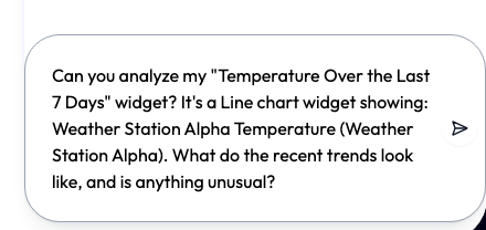 The Ask AI chat composer opened from a widget's Ask AI button, already pre-filled with a question that names the widget — 'Can you analyze my Temperature Over the Last 7 Days widget? ... What do the recent trends look like, and is anything unusual?' — ready to send or edit.