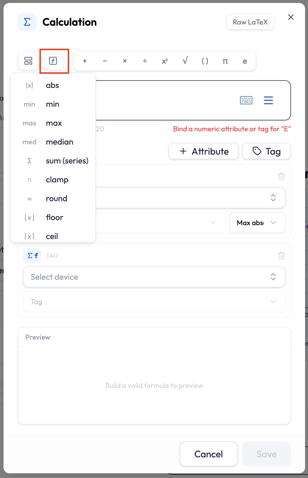 The Functions menu open in the Calculation editor, listing abs, min, max, median, sum (series), clamp, round, floor, and ceil, each with a small glyph. Below the menu a tag variable card shows Select device and Tag pickers.