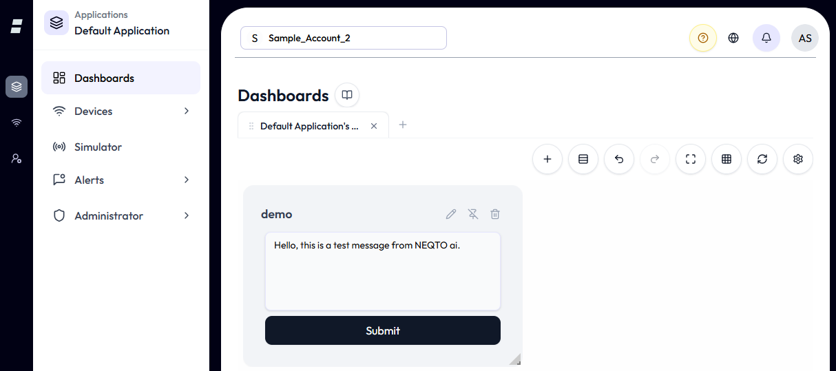 The dashboard with the saved 'demo' Form Data Push widget placed on the grid, showing its default payload text and a Submit button.