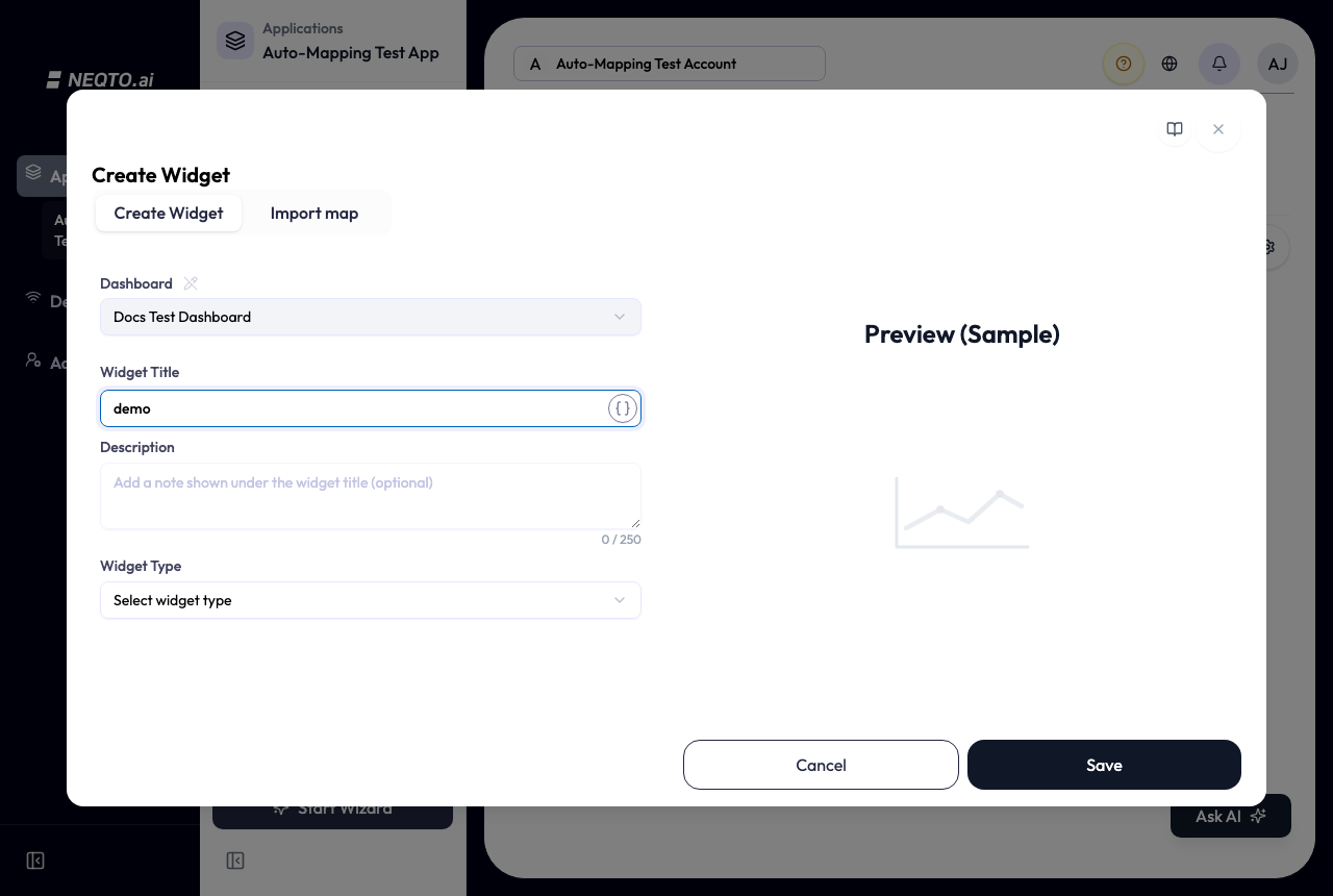 The Create Widget dialog: a locked Dashboard field at the top, a Widget Title field set to 'demo', an optional Description field, and a 'Select widget type' dropdown — beside a Preview panel showing a sample line-chart placeholder captioned 'Preview (Sample)'.
