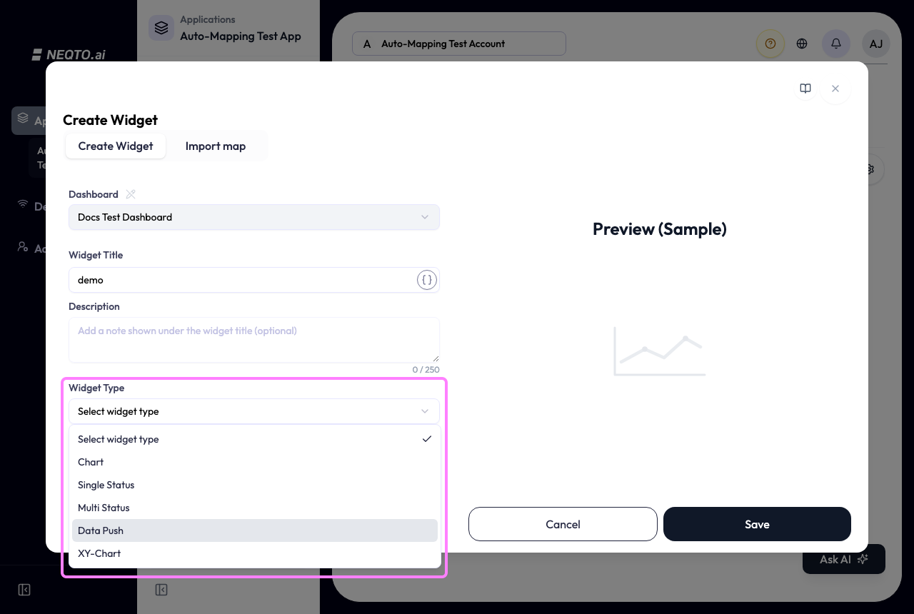 The Widget Type dropdown open, listing Chart, Single Status, Multi Status, Data Push, and XY-Chart; Data Push is highlighted.