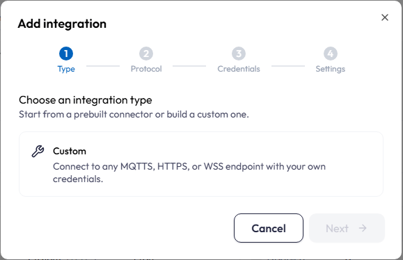 Wizard step 1 (Type) with the Custom integration type selected.