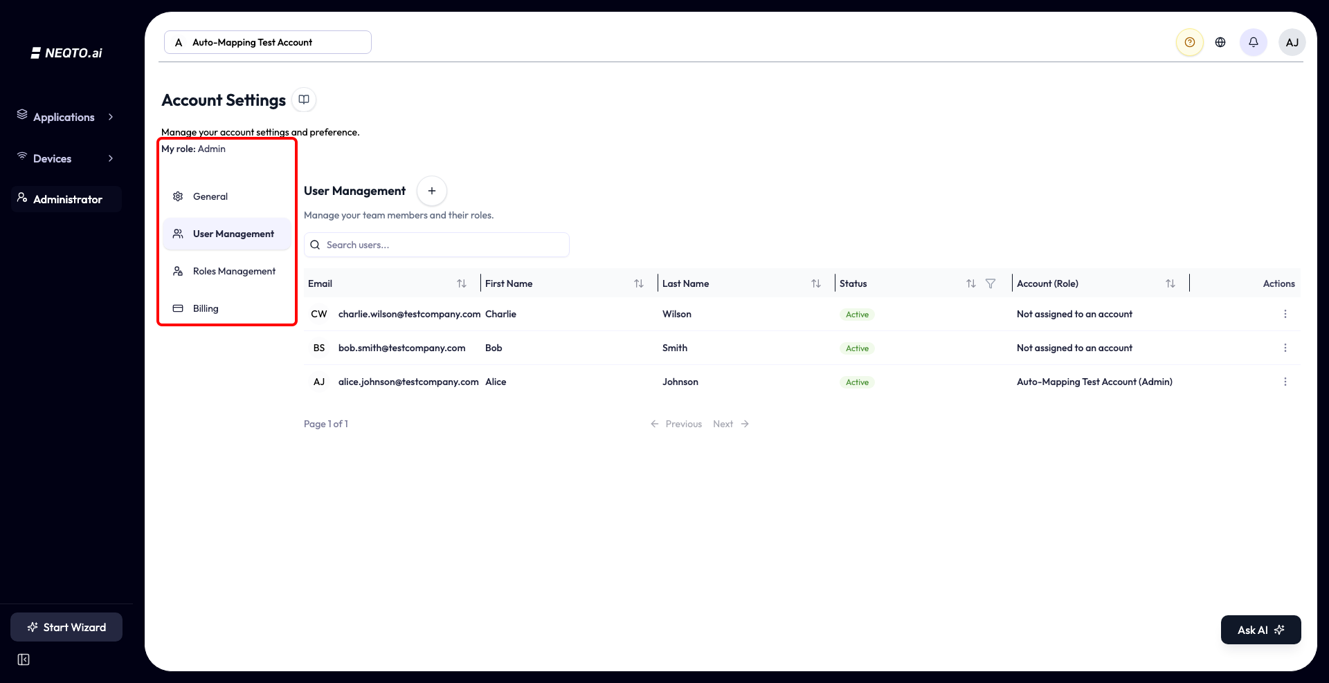 Account Settings page. A line at the top reads My role followed by the current user's role name. Below it are vertical tabs: General, User Management, Roles Management, and Billing. Each tab only appears if the user holds the relevant view permission.