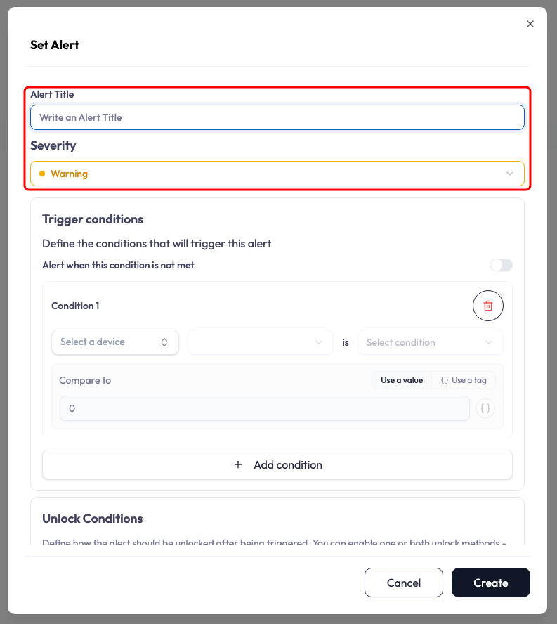 Top of the Set Alert dialog, with a red box around the two fields it covers: an empty Alert Title text field placeholdered Write an Alert Title, and below it a Severity dropdown showing its default, Warning, with a yellow dot. The Trigger conditions section begins underneath.