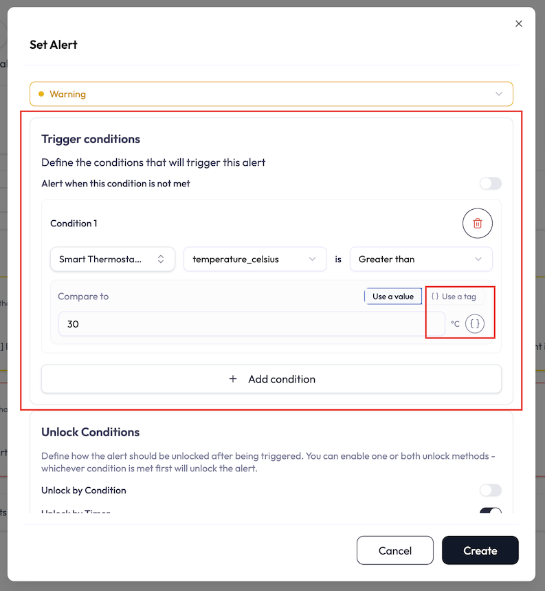 Set Alert dialog Trigger conditions section with one condition. Above the condition sits a switch labelled Alert when this condition is not met. The condition row has a device selector, an attribute selector, the word is, and an operator dropdown, followed by a Compare to control offering Use a value or Use a tag with the value input and its unit. An Add condition button sits below. Adding a second condition replaces the switch with a Condition logic choice of AND (All), OR (Any), or NOR (None).