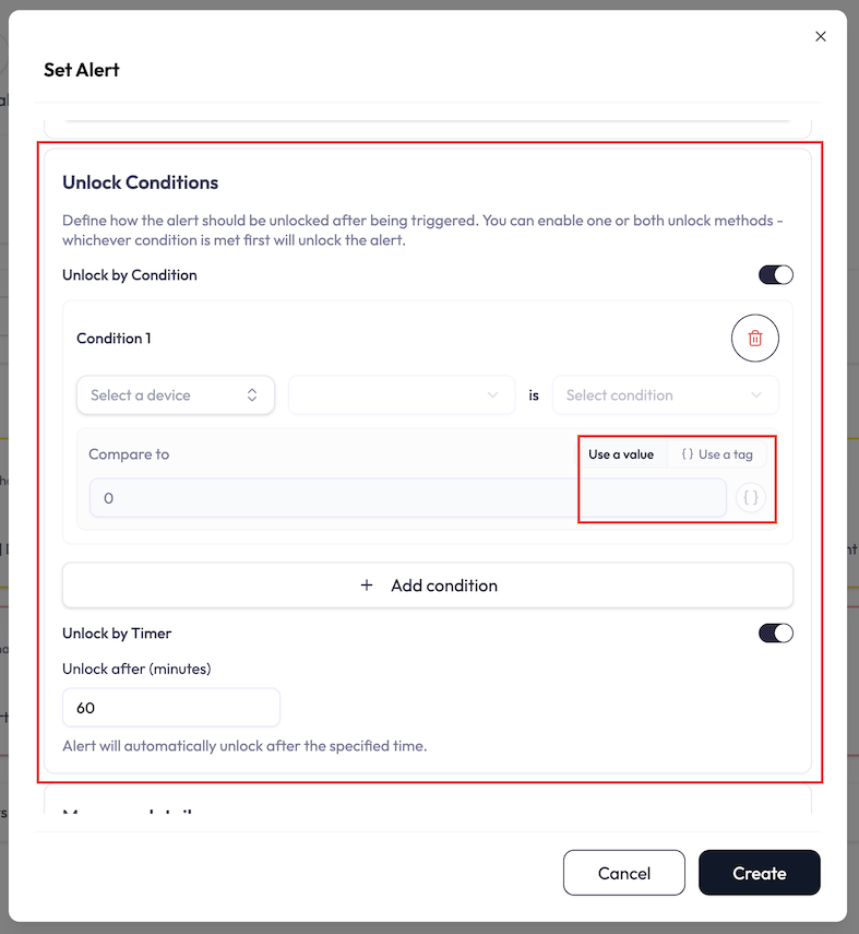 Set Alert dialog Unlock Conditions section with two toggles: Unlock by Condition, which reveals its own device/attribute/operator/value condition rows, and Unlock by Timer, which reveals an Unlock after (minutes) number input. Helper text explains that whichever method is met first will unlock the alert.