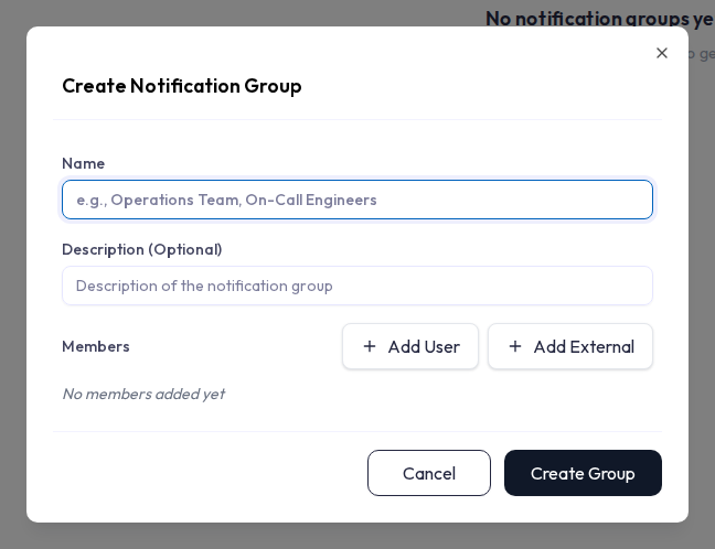 Create Notification Group dialog with Name and optional Description fields and a Members section. Members are added as Add User (account users) or Add External (an email and a phone for SMS, with Email Notifications and SMS Notifications toggles per member).