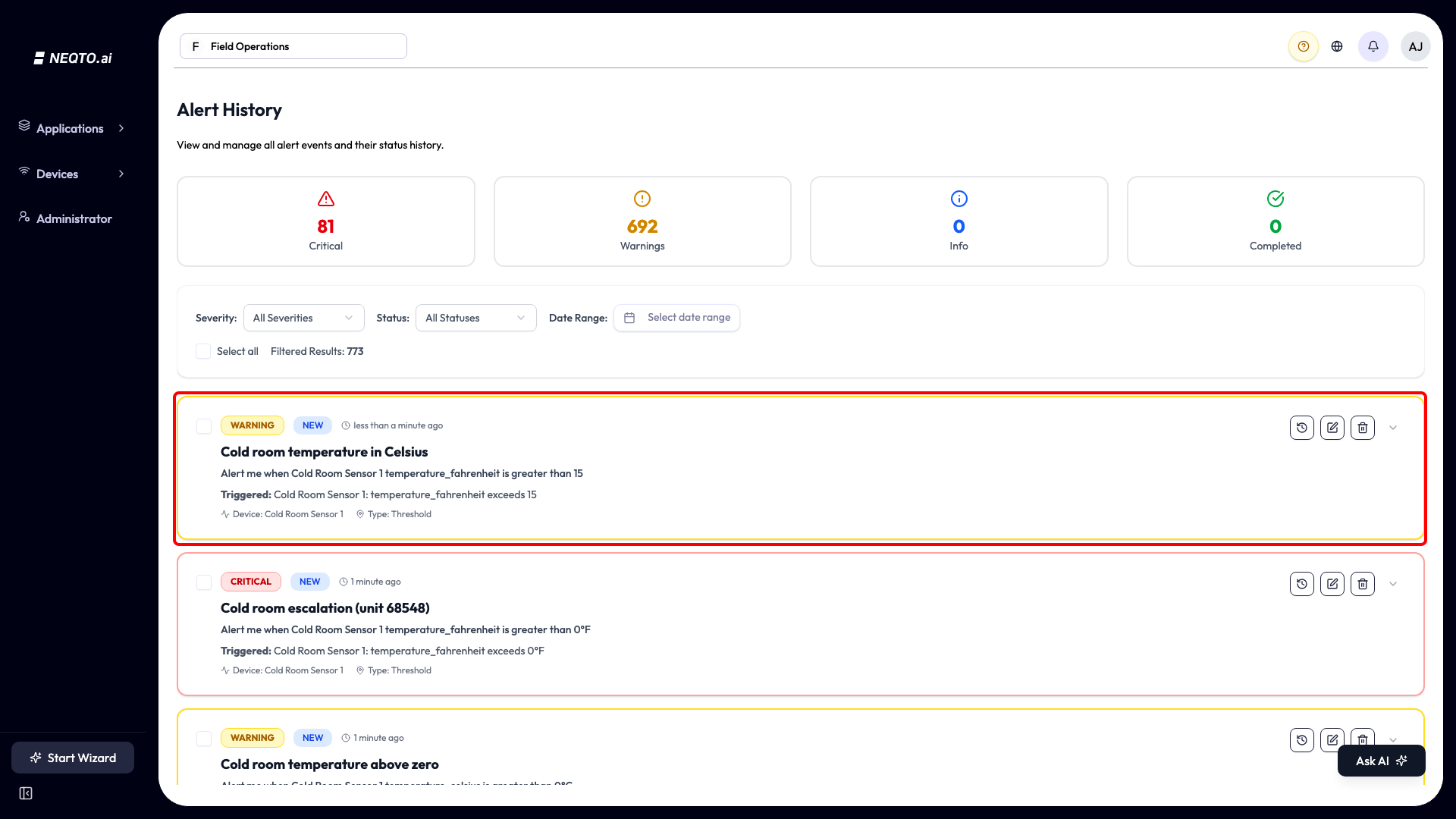 Alert History page titled Alert History with the description View and manage all alert events and their status history. Four summary cards count Critical, Warnings, Info and Completed events. Below them the filters: Severity, Status and a Date Range picker, and no alert filter. Under a Select all checkbox and a count of filtered results, one card per event carries a severity badge, a status badge, how long ago it fired, the alert's name, its description, a Triggered line naming the device and what it read, and per-event history, edit and delete buttons. A red box surrounds the first event card.