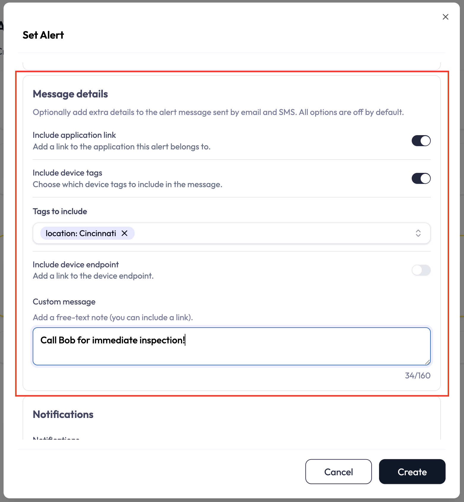 Set Alert dialog Message details section. Three toggles — Include application link, Include device tags (which reveals a tag picker when it is on), and Include device endpoint — and a Custom message text field limited to 160 characters.