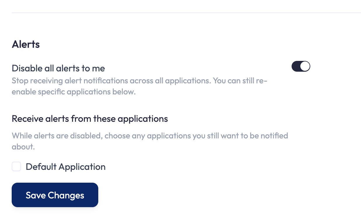 User Settings Alerts section with a Disable all alerts to me toggle. When it is on, a Receive alerts from these applications list of per-application checkboxes appears below, letting the user re-enable notifications for chosen applications.