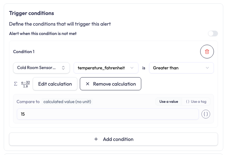 Trigger conditions section of the Set Alert dialog with one condition. The condition row names a device, the attribute temperature_fahrenheit, and the operator Greater than. Beneath it a sigma symbol is followed by the saved formula, written as a minus 32 over 1.8, then an Edit calculation button and a Remove calculation button. Below that the Compare to control is labelled calculated value (no unit), with the value 15 typed in and no unit beside the box.