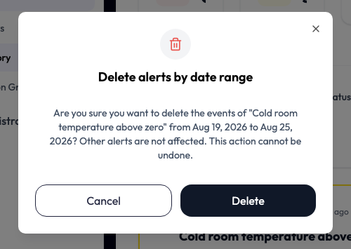 The Delete alerts by date range confirmation dialog on an application's Alert History screen while the view is filtered to one alert. Under a red bin icon its text names that alert in quotation marks, gives the start and end dates, and says other alerts are not affected and the action cannot be undone, above Cancel and Delete buttons. The filtered event list shows behind it.