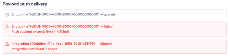 The Payload push delivery block of a fired alert event, showing three lines. The first, with a clock icon on a plain background, reads Endpoint followed by an identifier and the word queued. The second, in red with a warning triangle, reads the same endpoint and the word failed, with the reason Push payload exceeds the 64 KiB limit beneath. The third, also in red, reads Integration followed by a different identifier and the word skipped, with the reason integration not found in scope.