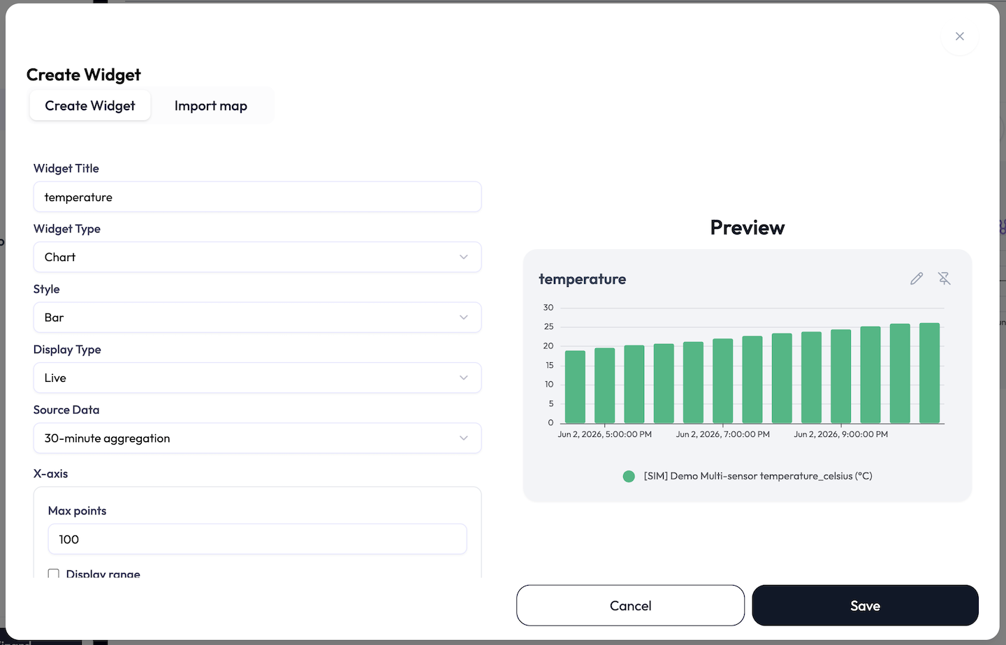 Chart settings for display type, source data, and axis ranges.