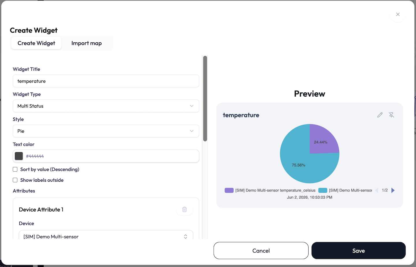 Pie and Doughnut settings for labels, sorting, and colors.