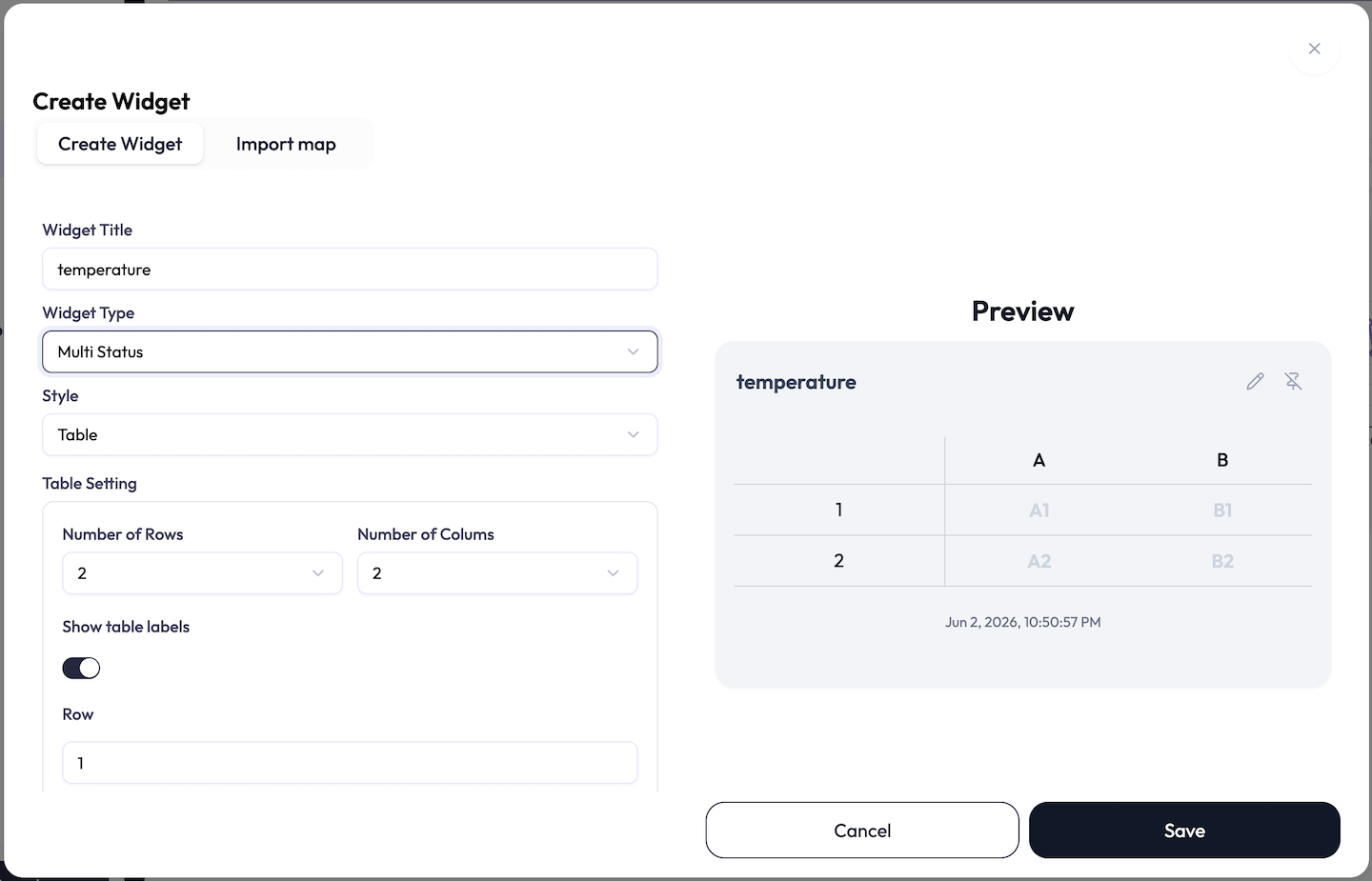 Table widget settings for rows, columns, labels, and attribute cells.