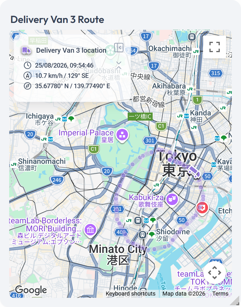 Tracking Map with a device marker, route, and location details.