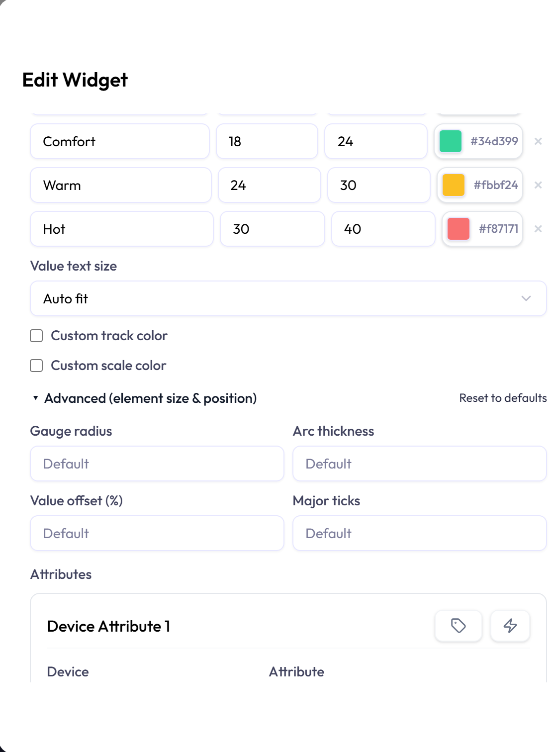 The Edit Widget panel scrolled to the gauge settings in its lower half. Three zone rows sit at the top, Comfort from 18 to 24 in green #34d399, Warm from 24 to 30 in amber #fbbf24, and Hot from 30 to 40 in red #f87171, each with a remove control. Below them are a Value text size dropdown set to Auto fit and two cleared checkboxes, Custom track color and Custom scale color. The expanded Advanced (element size & position) section follows, with Reset to defaults at its right edge. It holds four empty fields labeled Gauge radius, Arc thickness, Value offset (%), and Major ticks, each showing the placeholder Default. An Attributes card starts underneath with the heading Device Attribute 1 and the column labels Device and Attribute.