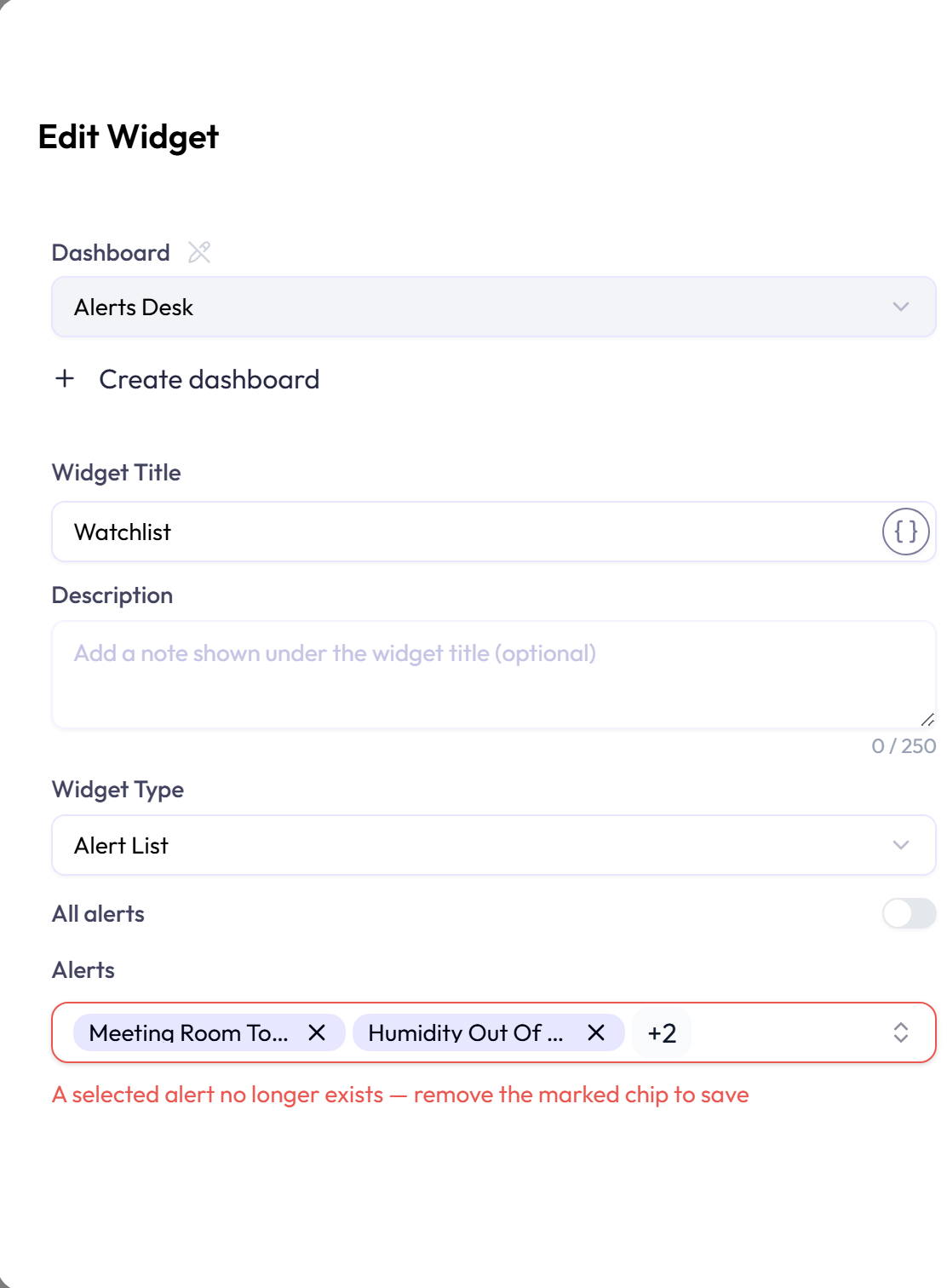 Alert List settings with selected alerts and a deleted-alert warning.