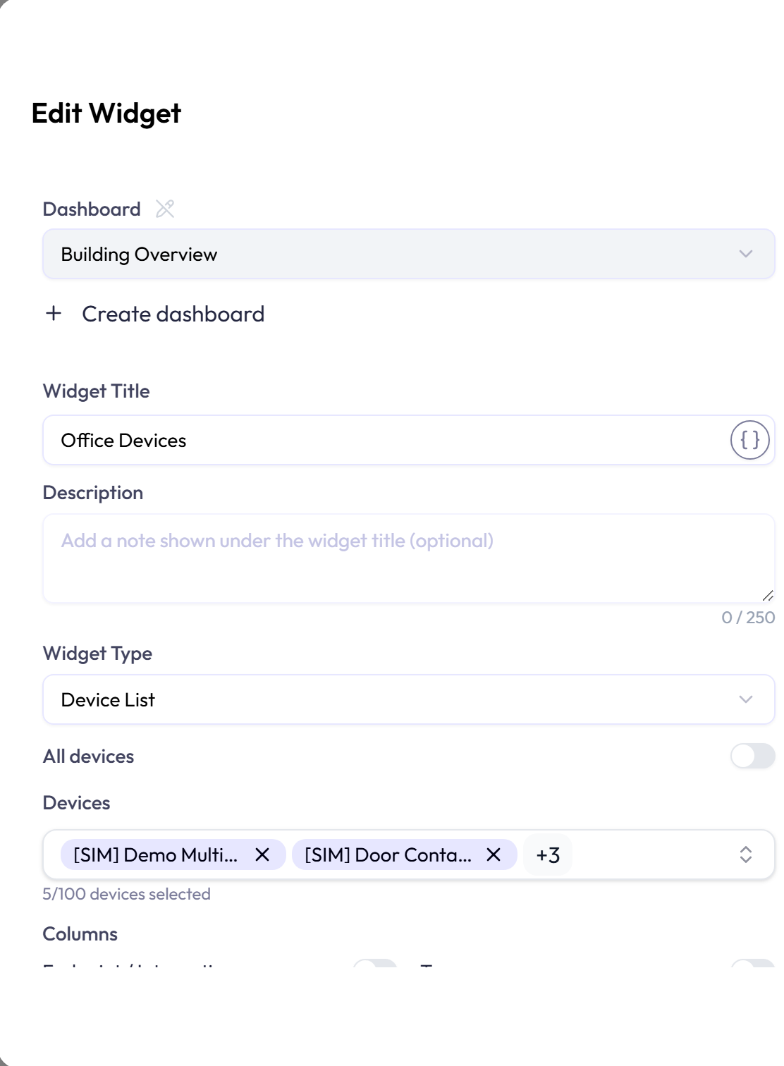 Device List settings for devices, columns, images, and sorting.