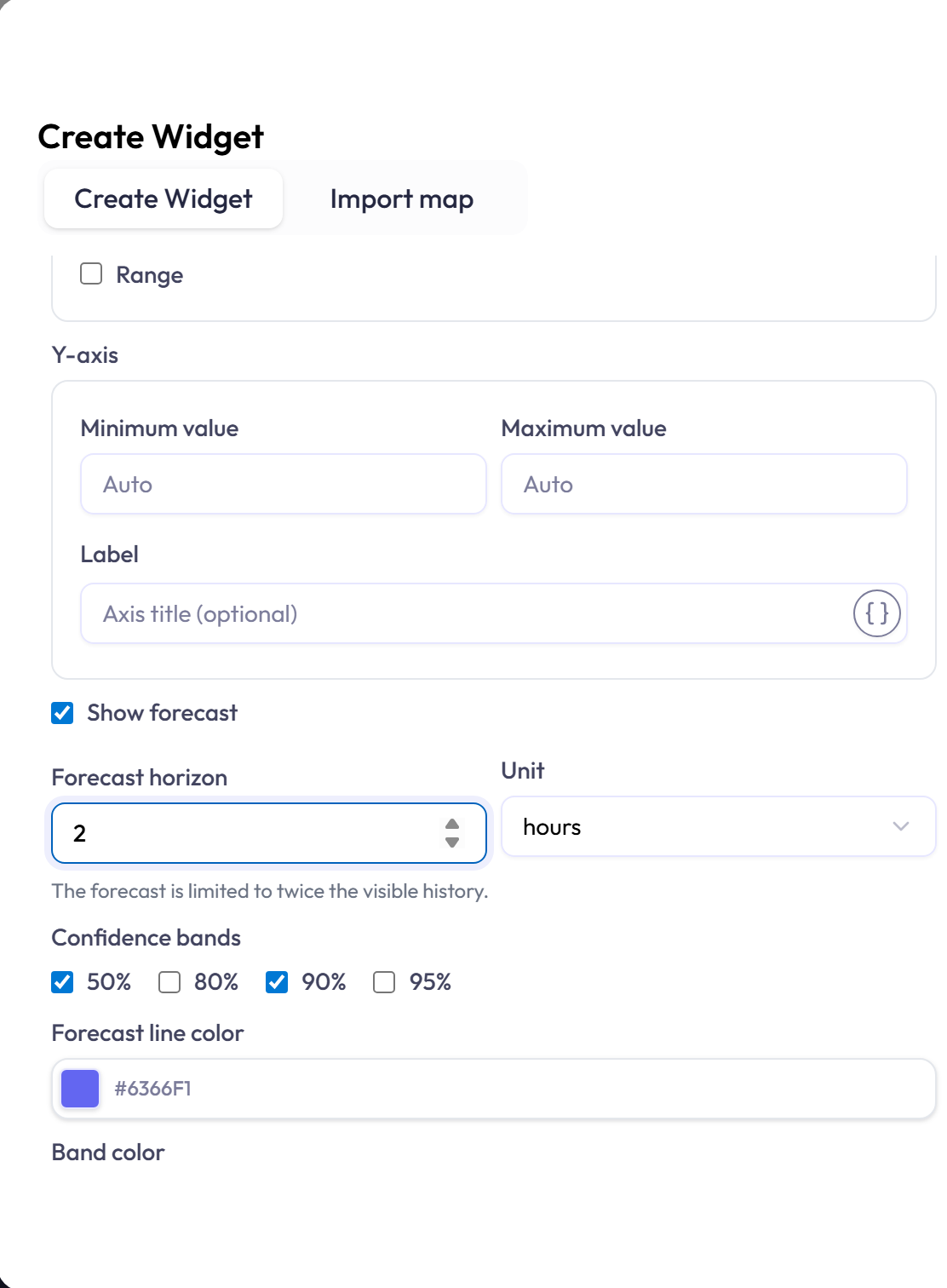 Fan chart settings for forecast horizon, confidence bands, and colors.