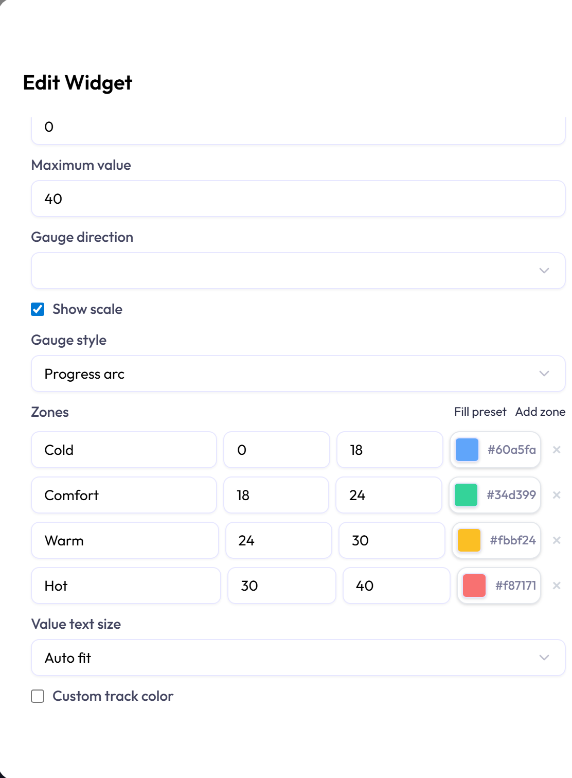Gauge zone settings with names, ranges, and colors.