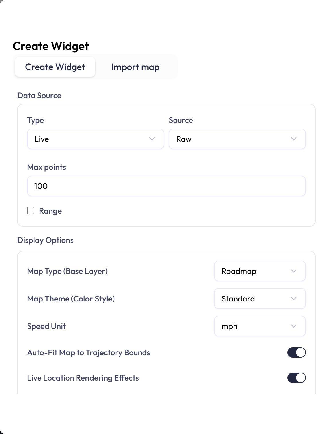 Tracking Map settings for map style, speed, trail, framing, and information.