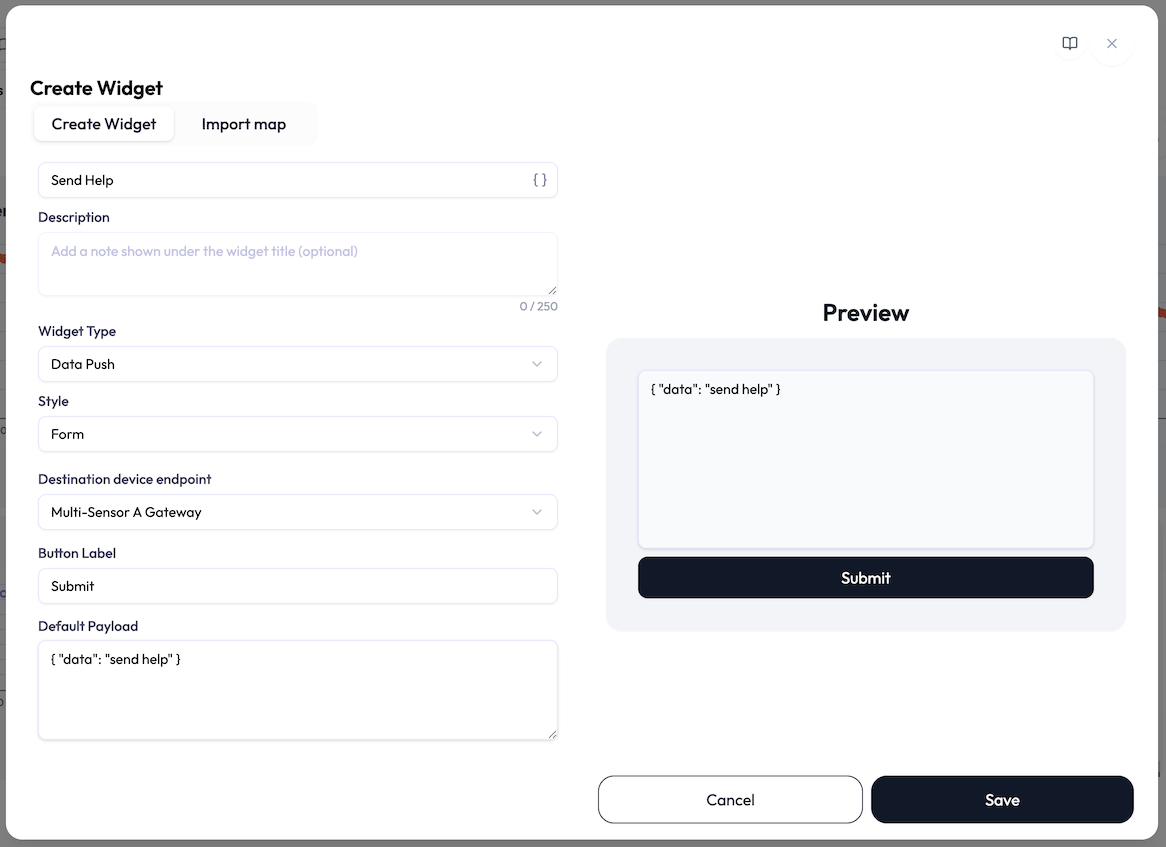 Form-style Data Push with an editable payload and send button.
