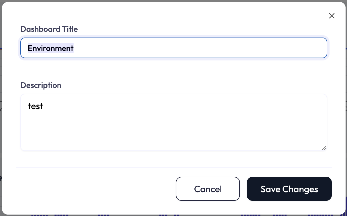 Create dashboard dialog with title and description fields.