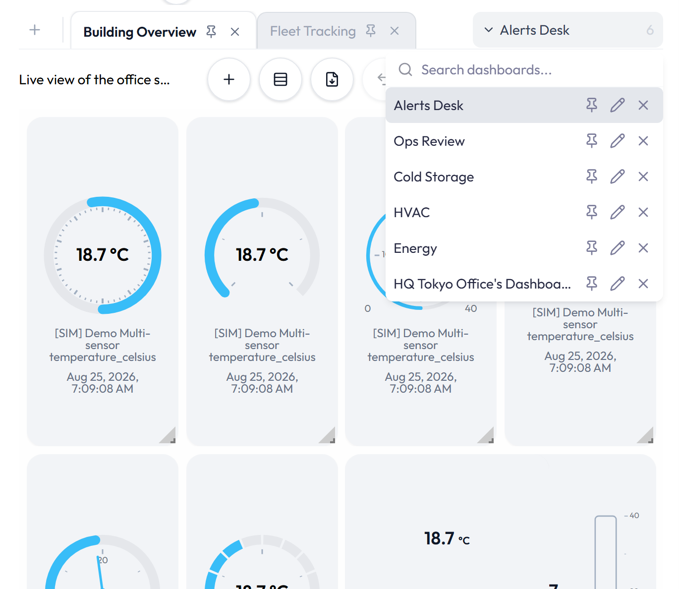 More dashboards menu listing tabs that do not fit in the tab bar.
