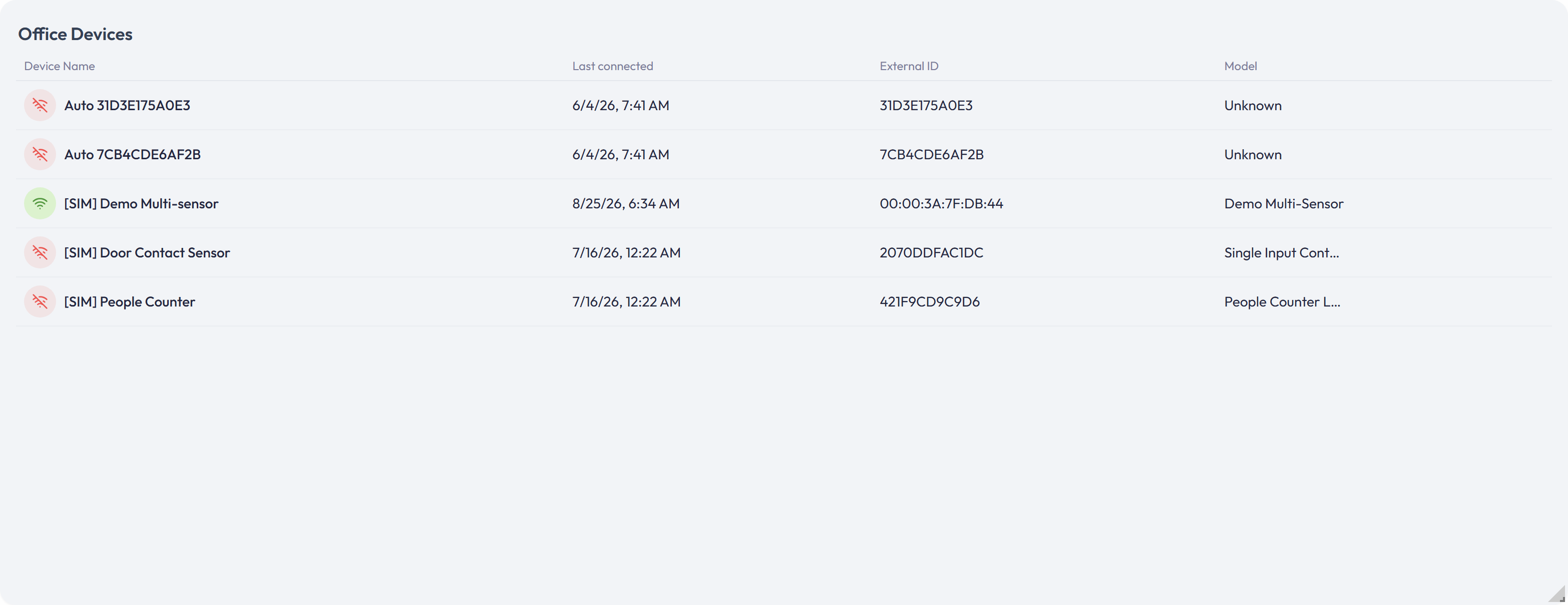 Device List widget with device names, status, and optional columns.